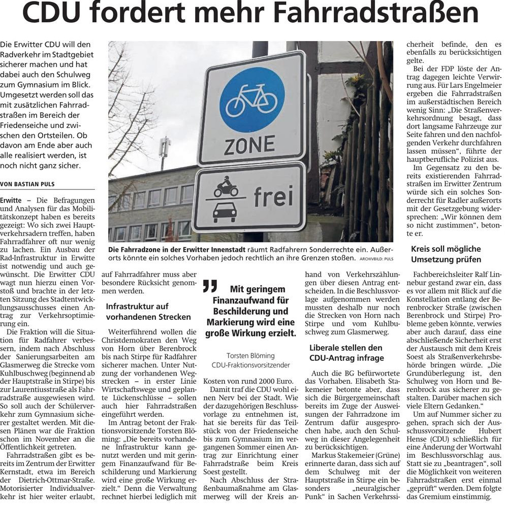 FDP Erwitte kritisiert Pläne für Fahrradstraße