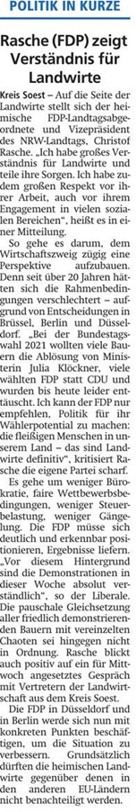 Rasche (FDP) zeigt Verständnis für Landwirte