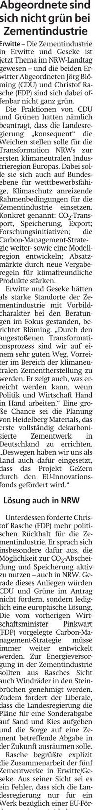 Rasche: Mehr Rückhalt für die heimische Zementindustrie