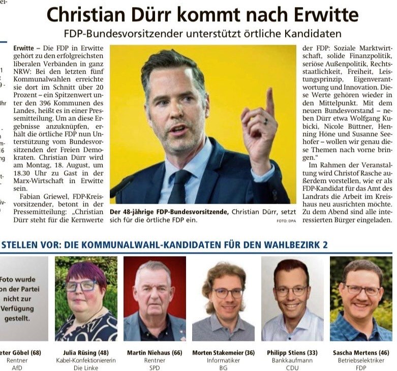 Der FDP-Bundesvorsitzende Christian Dürr unterstützt die örtlichen Kandidaten